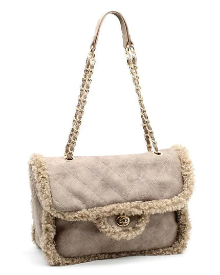 Luxury quilted suede handbag with shearling trim and chain strap, designer Italian leather accessory