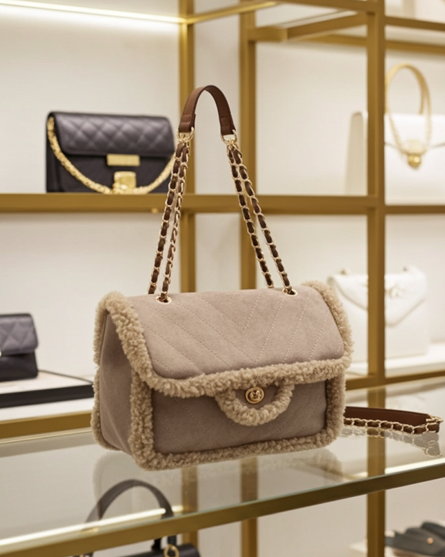 Sac bandoulière façon daim avec chaîne et bordure en fausse fourrure