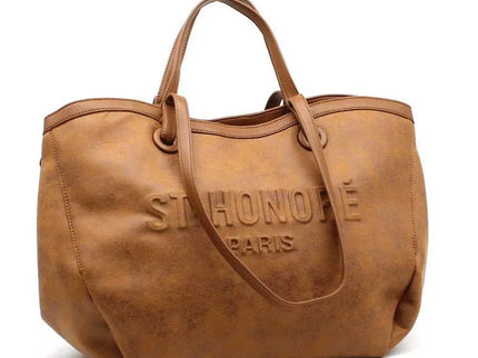 Tan leather tote bag with embossed St Honoré Paris logo, luxury designer accessory