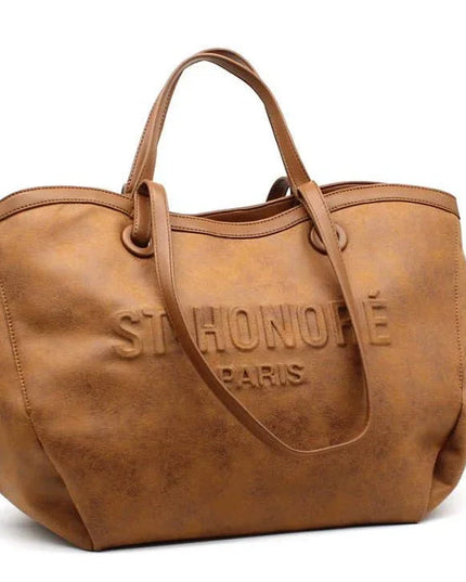 Tan leather tote bag with embossed St Honoré Paris logo, luxury designer accessory