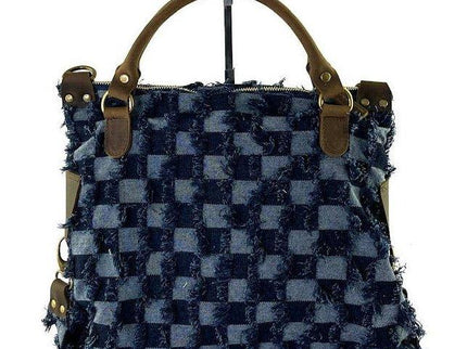 Handcrafted denim checkered tote bag with leather handles, luxury designer accessory