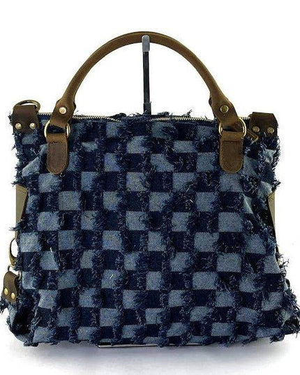Handcrafted denim checkered tote bag with leather handles, luxury designer accessory