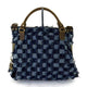 Handcrafted denim checkered tote bag with leather handles, luxury designer accessory