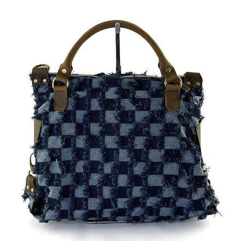 Handcrafted denim checkered tote bag with leather handles, luxury designer accessory