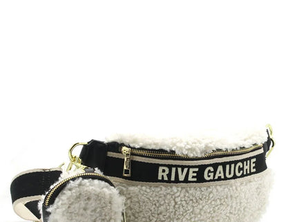 Fluffy white shearling fanny pack with 'RIVE GAUCHE' strap, gold zipper, and matching pouch