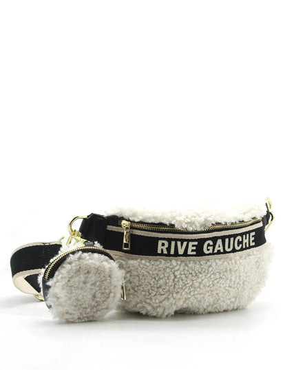 Fluffy white shearling fanny pack with 'RIVE GAUCHE' strap, gold zipper, and matching pouch