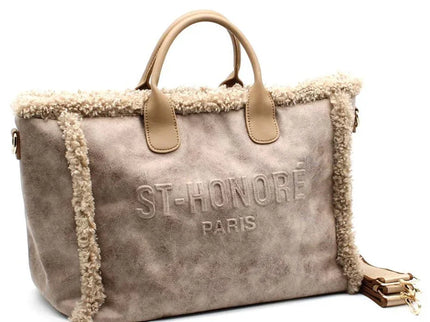 Luxury suede tote bag with shearling trim and ST-HONORÉ PARIS embossing, perfect for designer fashion lovers.