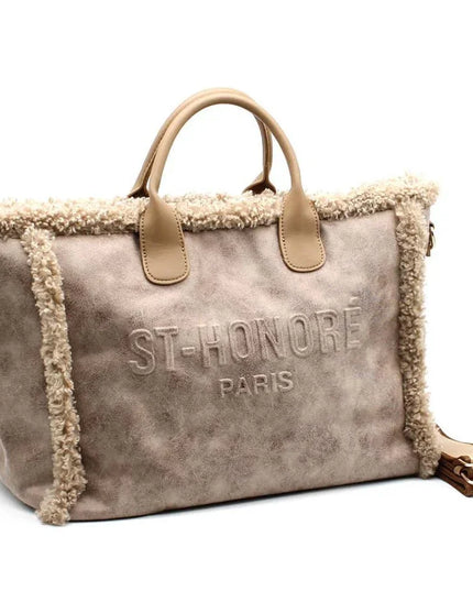 Luxury suede tote bag with shearling trim and ST-HONORÉ PARIS embossing, perfect for designer fashion lovers.