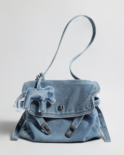 Distressed Denim Flap Crossbody – Elephant Charm Shoulder Bag with Buckle Details