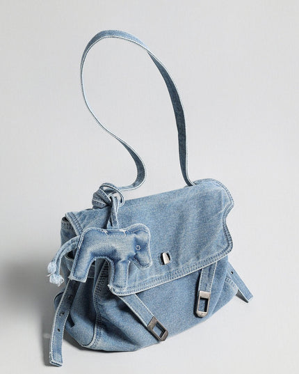 Distressed Denim Flap Crossbody – Elephant Charm Shoulder Bag with Buckle Details