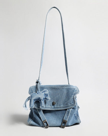 Distressed Denim Flap Crossbody – Elephant Charm Shoulder Bag with Buckle Details