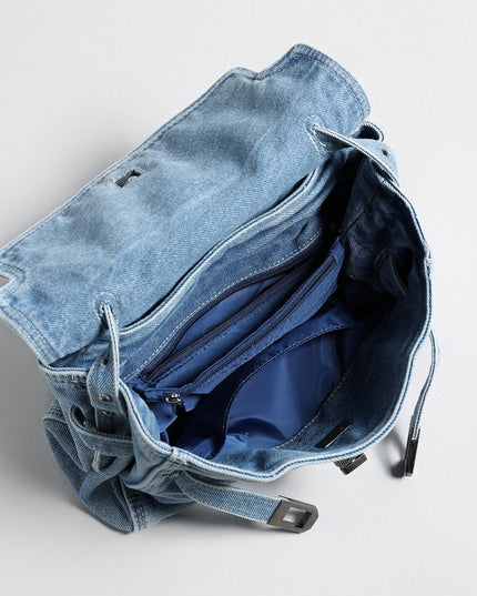 Distressed Denim Flap Crossbody – Elephant Charm Shoulder Bag with Buckle Details