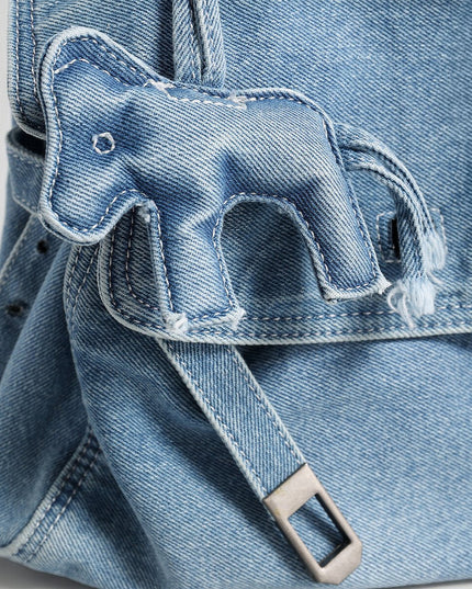 Distressed Denim Flap Crossbody – Elephant Charm Shoulder Bag with Buckle Details