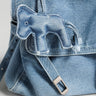 Distressed Denim Flap Crossbody – Elephant Charm Shoulder Bag with Buckle Details