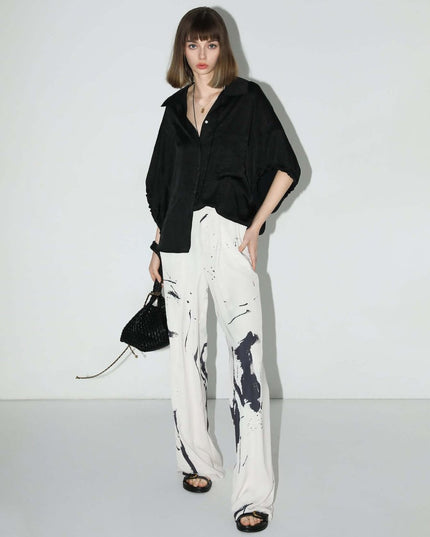Draped Black Satin Batwing Shirt-0