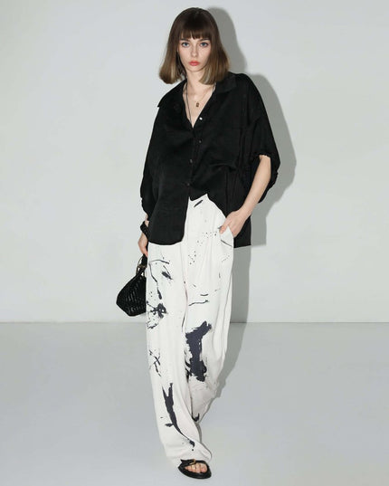 Draped Black Satin Batwing Shirt-1