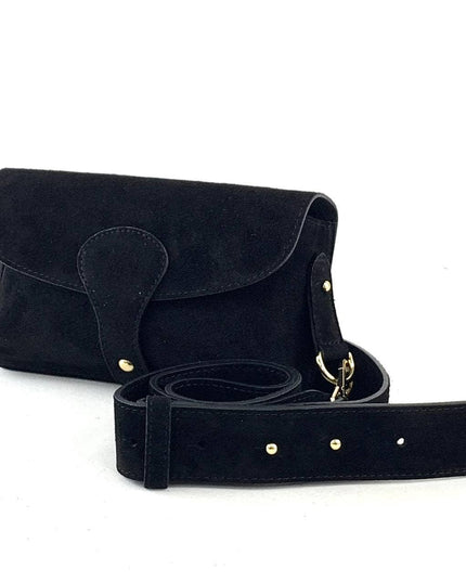 Black suede crossbody bag with gold hardware and adjustable strap, luxury designer accessory