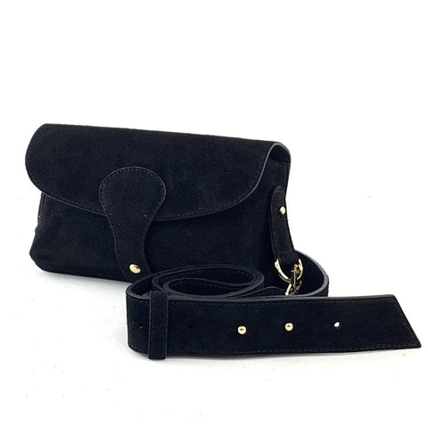 Black suede crossbody bag with gold hardware and adjustable strap, luxury designer accessory