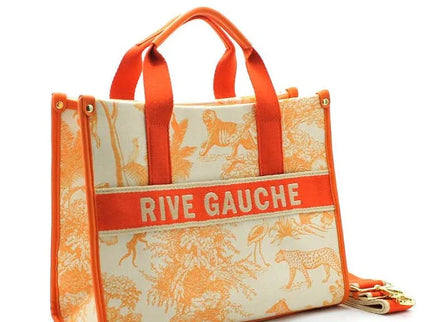 Orange and cream tote bag with 'RIVE GAUCHE' text and animal print, featuring luxury designer style