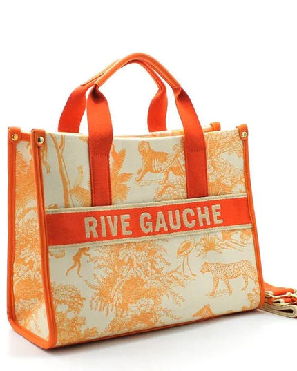 Orange and cream tote bag with 'RIVE GAUCHE' text and animal print, featuring luxury designer style