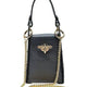 Black leather handbag with gold bee emblem and chain strap, luxury designer accessory