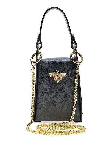 Black leather handbag with gold bee emblem and chain strap, luxury designer accessory