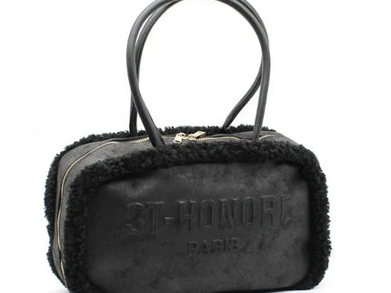 Black shearling-trimmed handbag with embossed ST-HONORE PARIS logo, luxury designer accessory