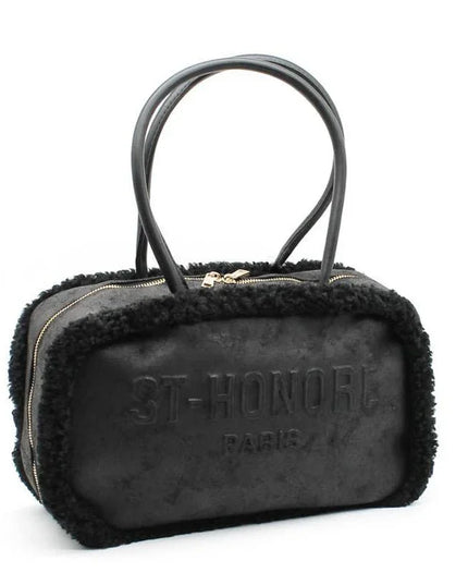 Black shearling-trimmed handbag with embossed ST-HONORE PARIS logo, luxury designer accessory