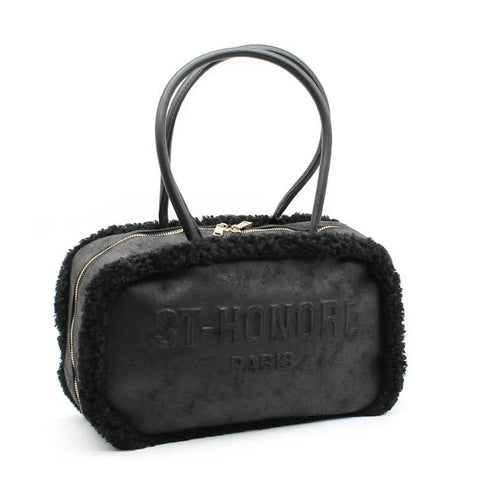 Black shearling-trimmed handbag with embossed ST-HONORE PARIS logo, luxury designer accessory