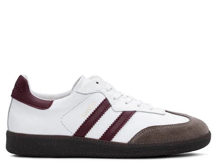 White and burgundy retro sneaker with three stripes, suede toe, and gum sole for casual style