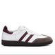 White and burgundy retro sneaker with three stripes, suede toe, and gum sole for casual style