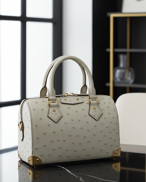 Womens Genuine Ostrich Skin Leathe Top Handle Pillow Bag