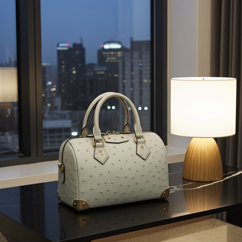Womens Genuine Ostrich Skin Leathe Top Handle Pillow Bag