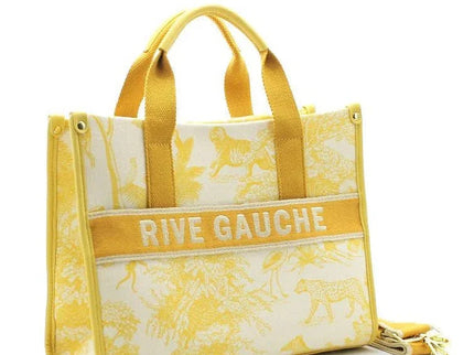 Yellow and cream tote bag with 'RIVE GAUCHE' text and animal print, luxury designer accessory