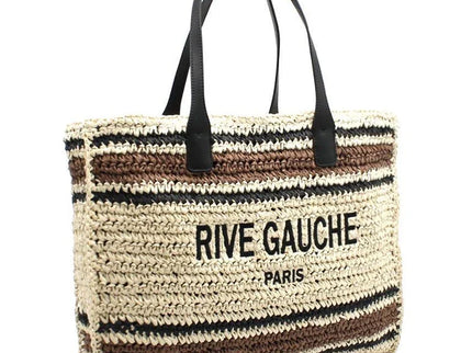 Striped woven tote bag with 'RIVE GAUCHE PARIS' print and black leather handles, luxury designer accessory