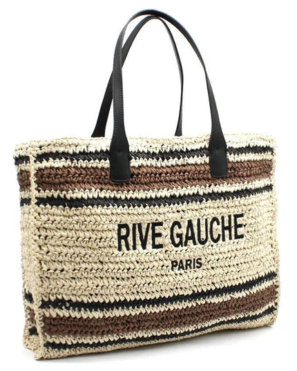 Striped woven tote bag with 'RIVE GAUCHE PARIS' print and black leather handles, luxury designer accessory