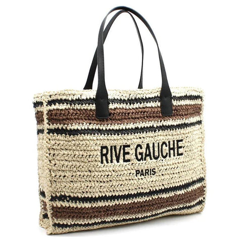 Striped woven tote bag with 'RIVE GAUCHE PARIS' print and black leather handles, luxury designer accessory