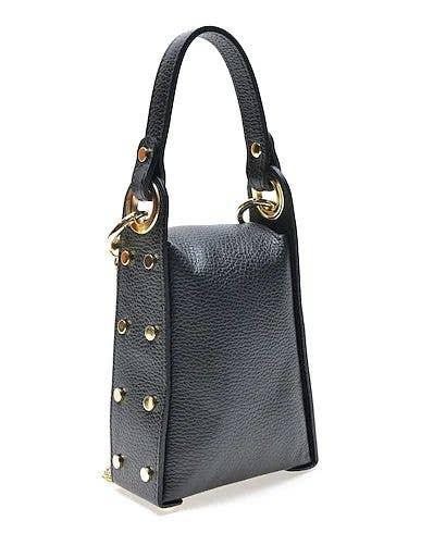 Black pebbled leather handbag with gold-tone hardware and studded details, luxury designer accessory