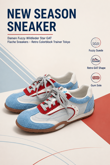Damen Fuzzy Wildleder Star GAT Flache Sneakers – Retro Colorblock Trainer Tokyo