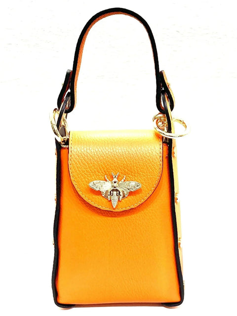 Vibrant orange leather handbag with gold bee clasp and black trim, luxury designer accessory