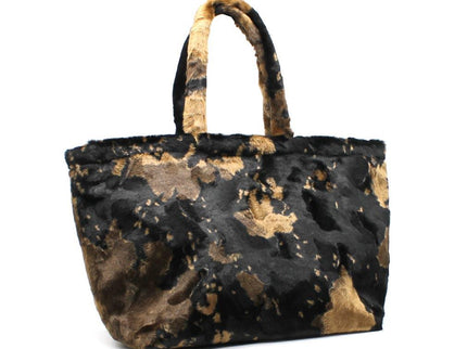 Luxury faux fur tote bag with black and gold abstract pattern, designer handbag for unique style