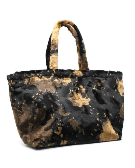 Luxury faux fur tote bag with black and gold abstract pattern, designer handbag for unique style