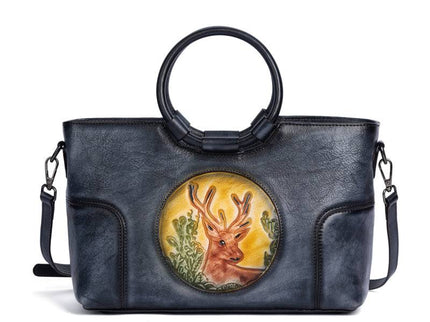 Rossie Viren Women's  Fashion Large Capacity Round Handle Vintage Leather Shoulder Tote Bag-1