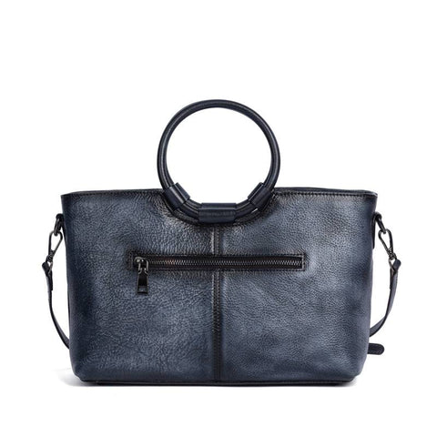 Rossie Viren Women's  Fashion Large Capacity Round Handle Vintage Leather Shoulder Tote Bag-2
