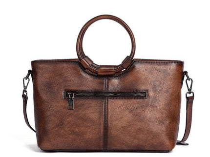 Rossie Viren Women's  Fashion Large Capacity Round Handle Vintage Leather Shoulder Tote Bag-3