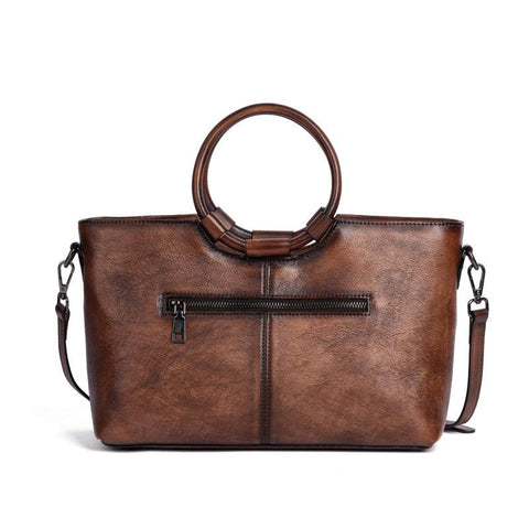 Rossie Viren Women's  Fashion Large Capacity Round Handle Vintage Leather Shoulder Tote Bag-3