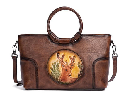 Rossie Viren Women's  Fashion Large Capacity Round Handle Vintage Leather Shoulder Tote Bag-0