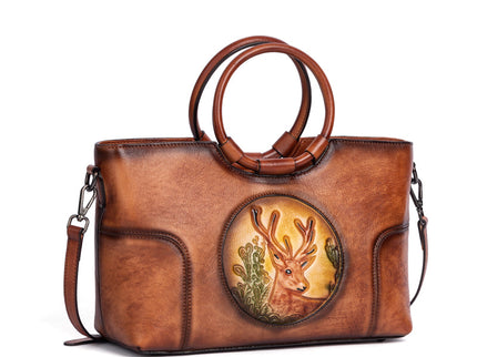 Rossie Viren Women's  Fashion Large Capacity Round Handle Vintage Leather Shoulder Tote Bag-4