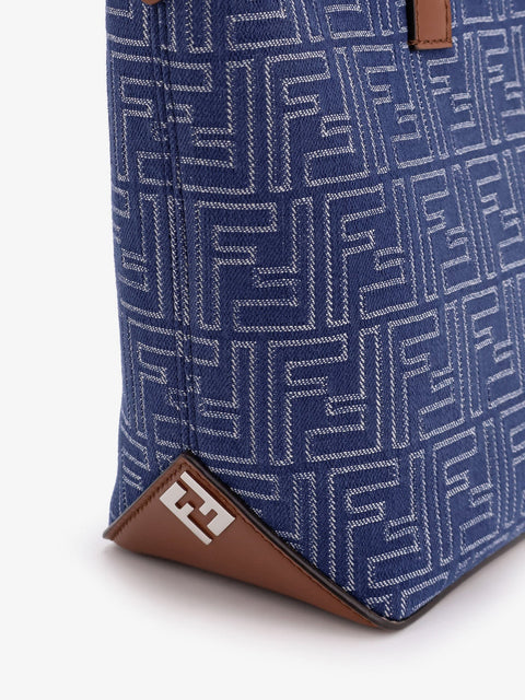 FF jacquard fabric and leather shopping bag