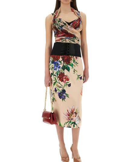 FLOWER PRINT SATIN MIDI PENCIL SKIRT
